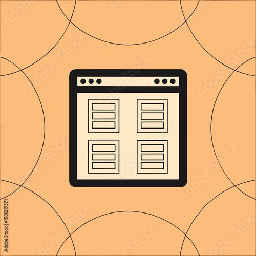 Black and white vector illustration of a web browser window with four content blocks on a peach background with circular lines