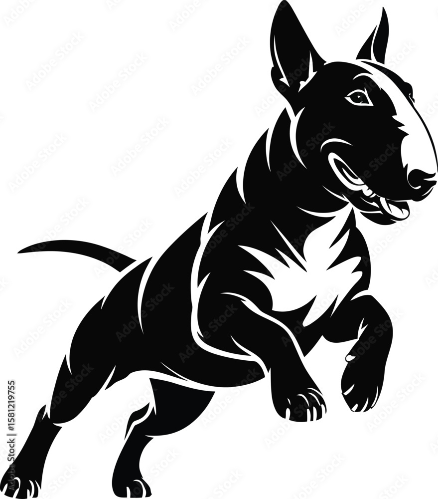 Obraz premium Powerful Bull Terrier silhouette mid-stride with muscular build and distinctive egg-shaped head, clean black and white vector for logo