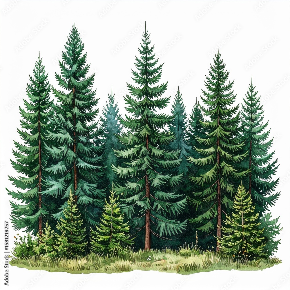 Obraz premium Dense Green Pine Tree Forest with Tall Spruce and Fir on a Clear Background