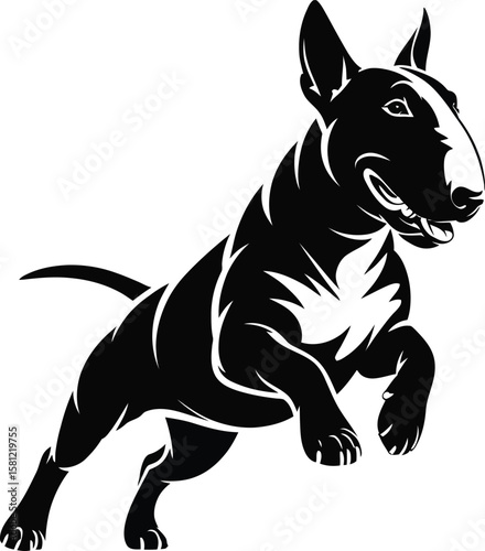 Powerful Bull Terrier silhouette mid-stride with muscular build and distinctive egg-shaped head, clean black and white vector for logo