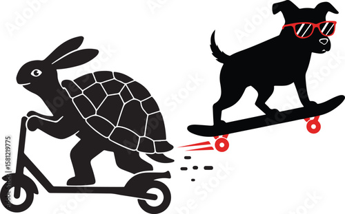 Black rabbit turtle hybrid riding scooter and black dog wearing sunglasses skateboarding vector