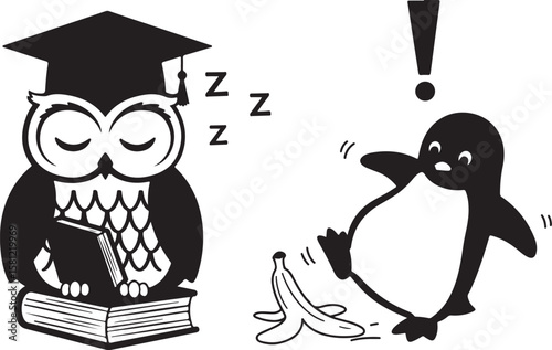 Sleeping owl with graduation cap and falling penguin book