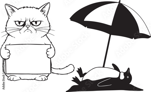 Grumpy cat holding blank sign near penguin under umbrella vector