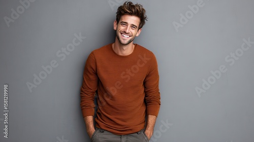Handsome young man on grey background looking at camera. Portrait of laughing young man with hands in pockets leaning against grey wall. Happy guy smiling., no logos, no brands