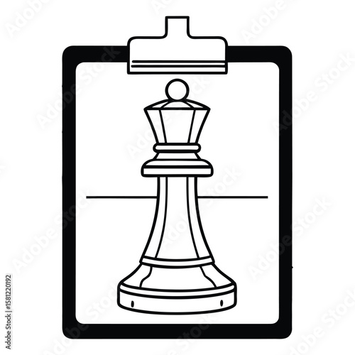 Black and white vector line art chess queen inside a clipboard graphic on white background chessboard