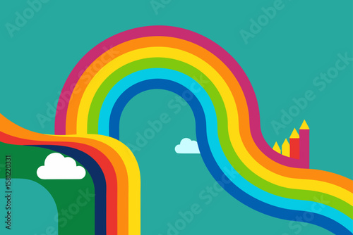 Vibrant Rainbow Bridge Illustration Colorful Castle and Cloudscape