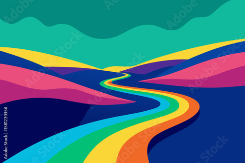 Vibrant Rainbow River Winding Through Colorful Hills A Journey of Dreams