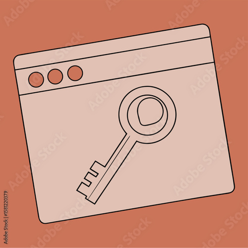 Black line art illustration of a key overlaid on a browser window with a terracotta background internet