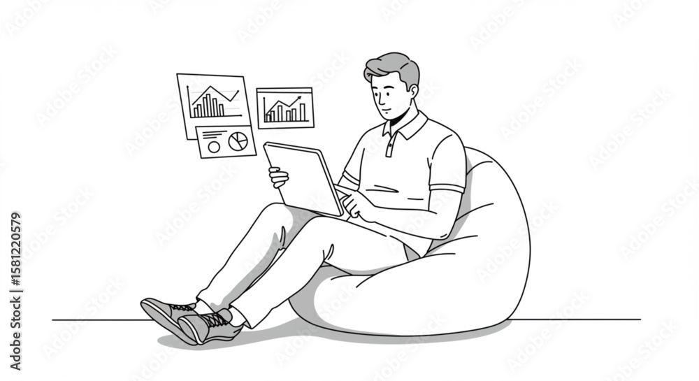 A young businessman analyzing financial data charts on his laptop while sitting comfortably on a beanbag chair in a modern workspace. A young businessman analyzing financial data charts on his laptop while sitting comfortably on a beanbag chair in a modern workspace.
