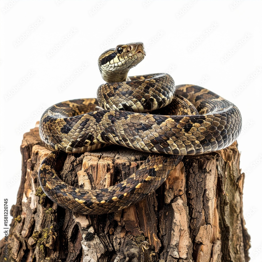 Fototapeta premium Brown Deadly Snake Coiled on a Tree Stump Against White Background in Studio