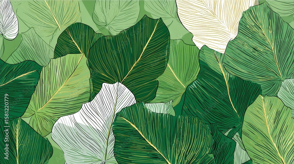 Fototapeta premium Nature green background vector. Floral pattern, Split-leaf plant with line arts, Vector illustration., no logos, no brands