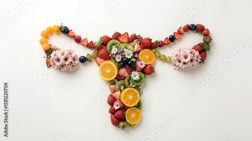 Creative composition of a female uterus formed with fresh fruits and flowers, symbolizing fertility, health, and feminine wellness.