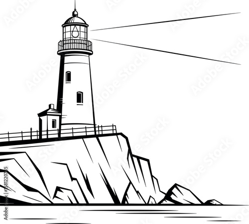 Classic Lighthouse on Rocky Cliff Black and White Illustration