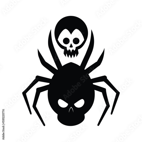 Spider crawling over skull in graveyard Halloween silhouette Vector illustration