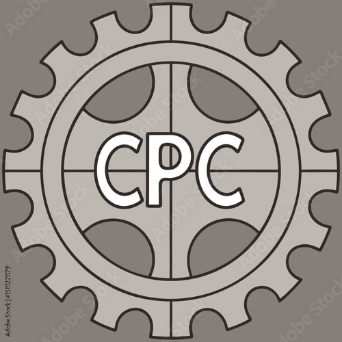 Gear illustration with C P C text inside a cogwheel graphic on a gray background machinery mechanical
