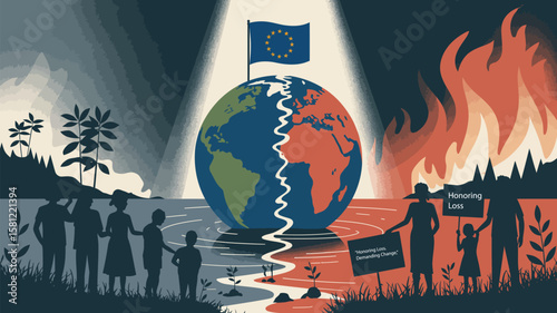 Conceptual Illustration for EU Day for the Victims of the Global Climate Crisis – Fractured Earth, Floods, Fires, Refugees, Protest Signs, Half-Mast EU Flag, and Hope Amid Climate Destruction