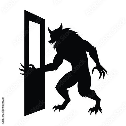 Werewolf clawing through door in darkness Halloween silhouette Vector illustration