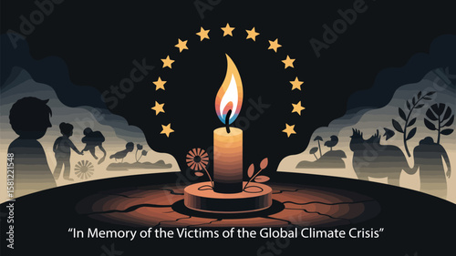 Symbolic Candle Illustration for EU Day for the Victims of the Global Climate Crisis – Burning Leaf-Flame Candle on Cracked Earth Pedestal with Faint Silhouettes and Halo of EU Stars in Mourning