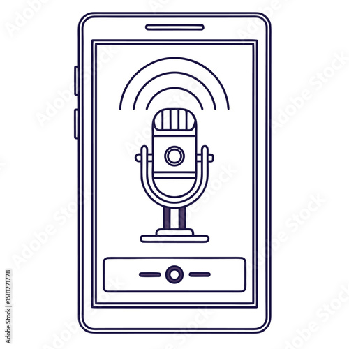 Smartphone Screen with Microphone Illustration Vector Graphic in Black and White with Sound Waves and Control Panel