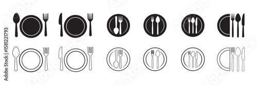  Spoon, fork, knife and plate icon set in line. Menu symbol. Restaurant icon. Tableware Vector illustration. EPS10