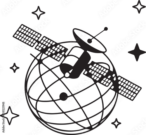 Global satellite technology connecting the world, illustrated by a dish antenna and a rocket in action