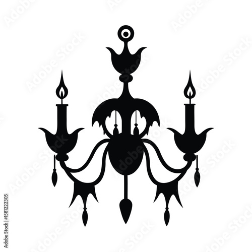 Spooky chandelier glowing with candle flames Halloween silhouette Vector illustration