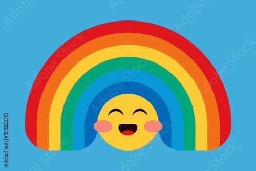 Happy cartoon child's face on a summer beach with a rainbow, smiling and having fun by the blue sea