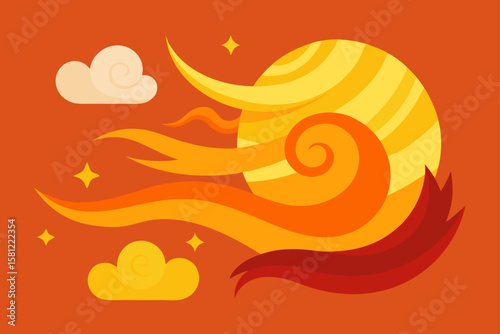 Abstract orange background with a funny snail vector illustration, featuring a spiral shell design