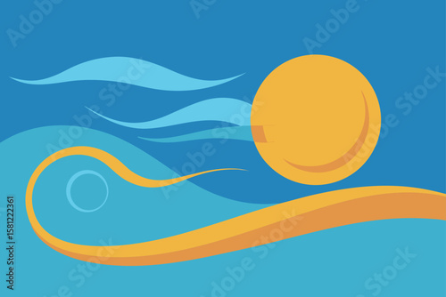 Abstract vector illustration of a summer sea wave design with blue and orange sky