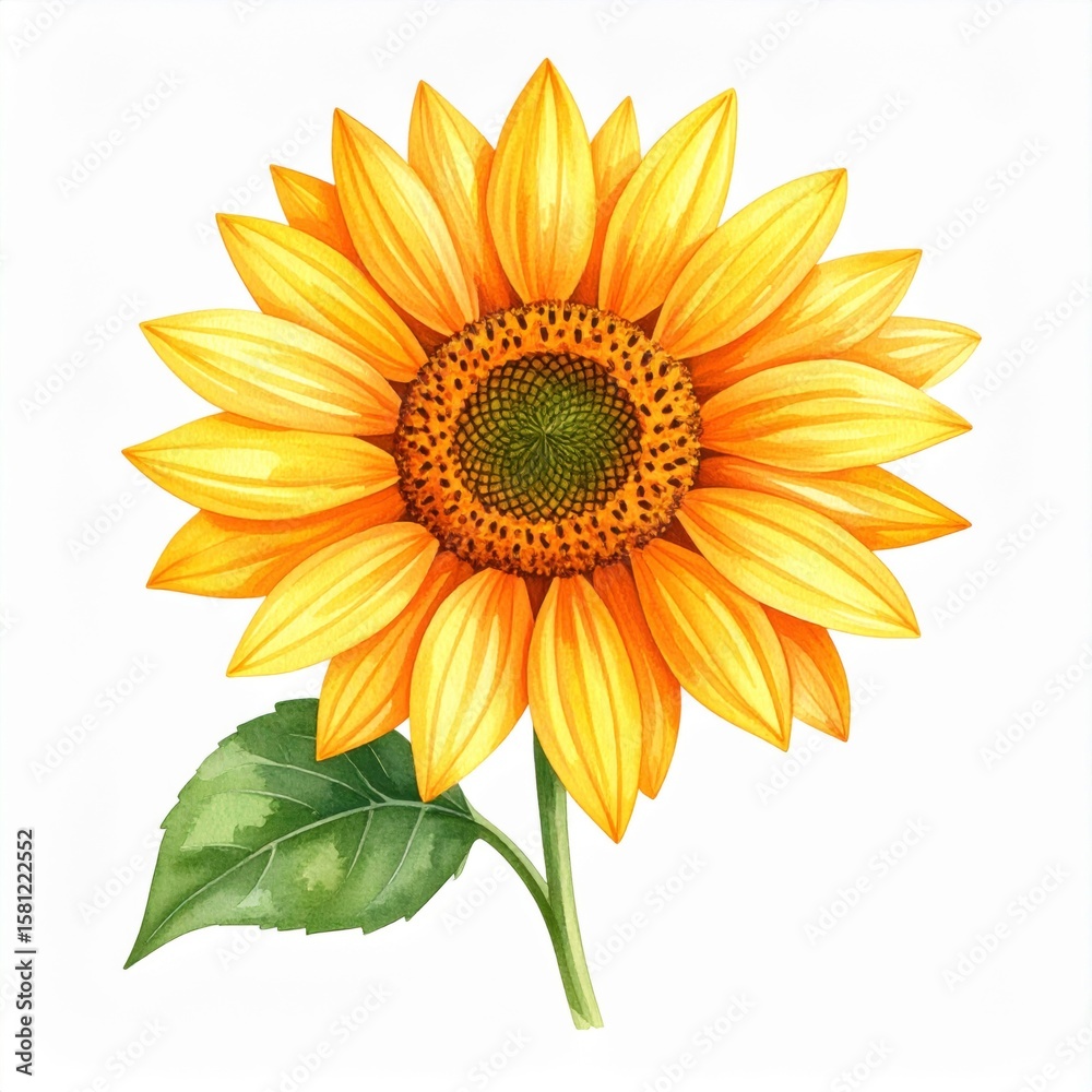 Fototapeta premium Detailed Watercolor Illustration of a Single Yellow Sunflower with Green Leaf