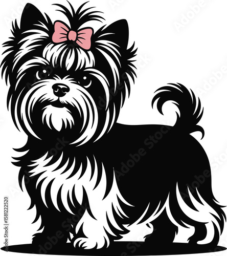 Yorkshire Terrier silhouette with flowing hair and pink bow in graceful alert pose, clean black and white vector for branding