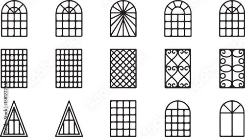 A black wrought iron fence or gate features an ornate vintage design, intricate pattern, and textured metal elements, perfect for architectural decoration or vector illustration