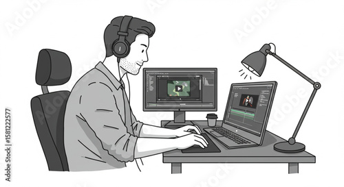 Creative male professional editing video content at his desk. A motion graphics designer working on a computer in a modern workspace.