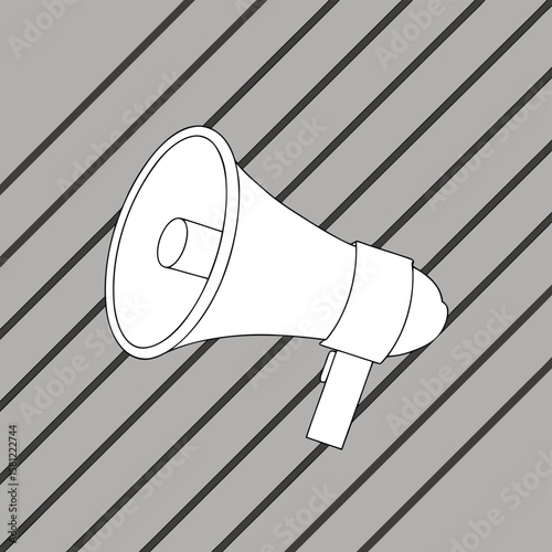 White megaphone illustration on gray diagonal striped background vector graphic speaker announcement