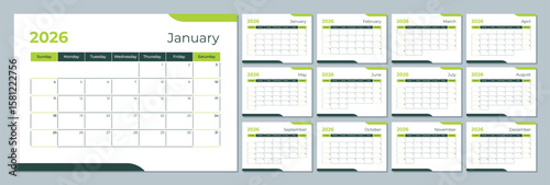 2026 calendar template. Corporate and business planner diary. The week starts on Sunday. Set of 12 months of pages.