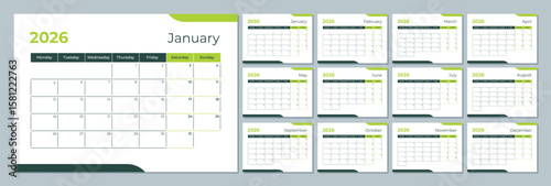 2026 calendar template. Corporate and business planner diary. The week starts on Monday. Set of 12 months of pages.