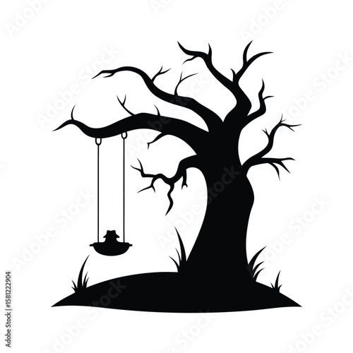 Spooky Halloween swing hanging from a tree Halloween silhouette Vector illustration