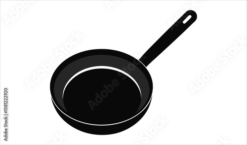 Simple black frying pan with handle on a white background