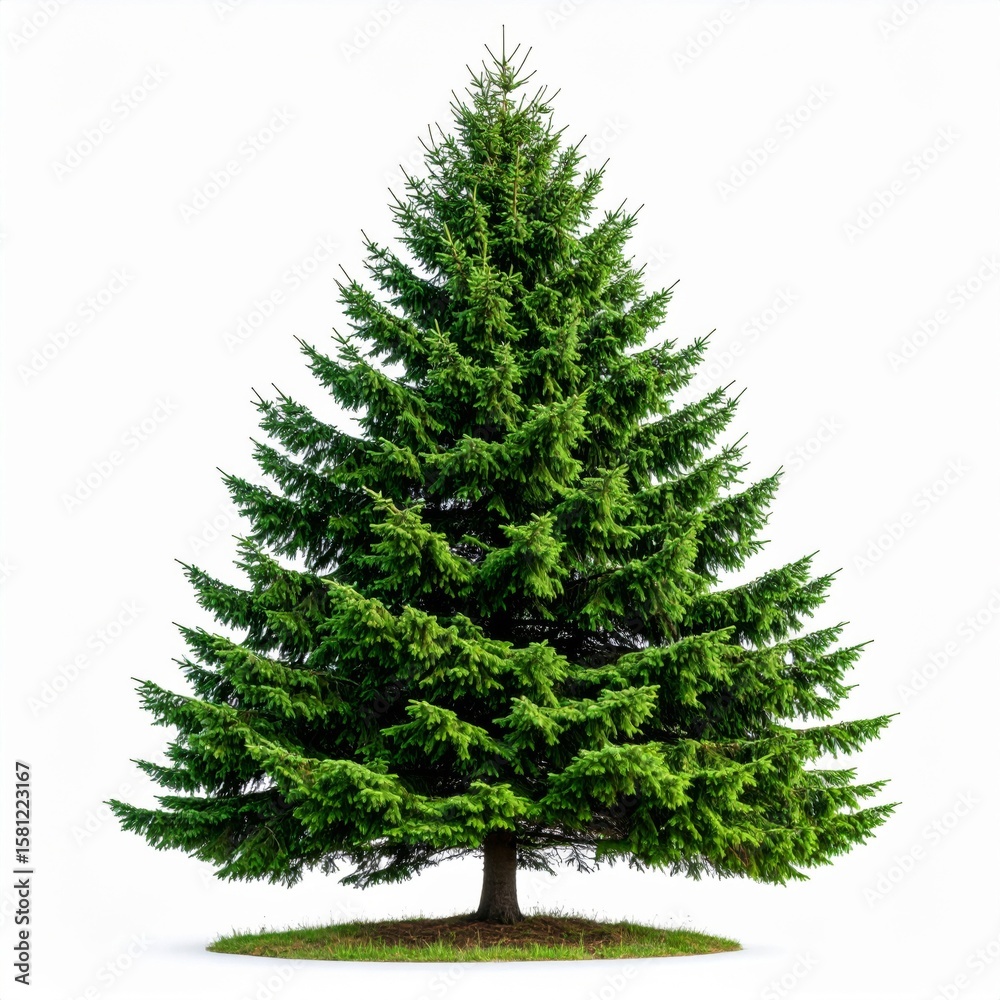 Fototapeta premium Isolated Symmetrical Evergreen Tree with Dense Green Needles on White Background