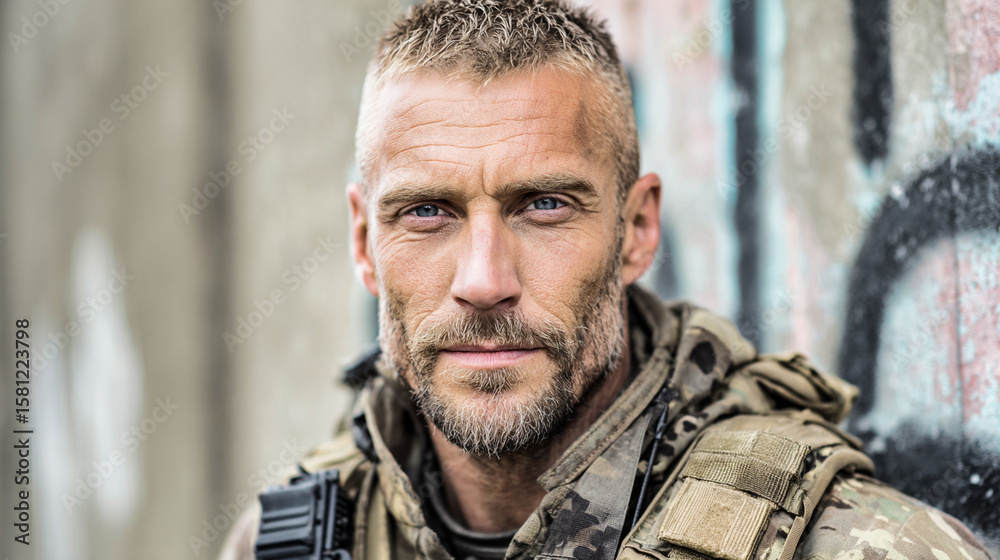 Obraz premium British sas commando portrait of handsome military man in camouflage uniform with beard and blue eyes looking at camera