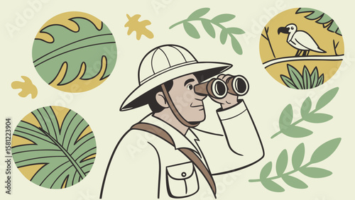 Man with pith helmet looking through binoculars surrounded by leaves and bird illustration art