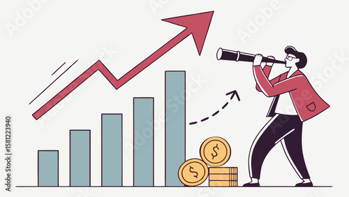 Man looking through telescope at growth chart with arrow and stack of coins illustration