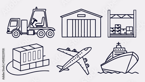 Outline illustration of logistics and transportation elements including truck airplane and ship