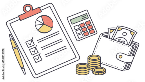 Illustration of financial planning with clipboard, calculator, wallet and coins on white background