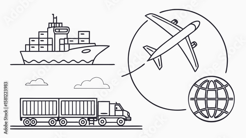Illustration of global logistics with ship airplane truck and globe representing transportation network
