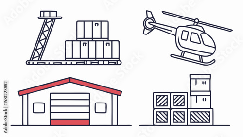 Illustration of a warehouse, helicopter, cargo and a crane with containers in a simple line art style