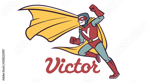 Illustration of a superhero named victor wearing a red and yellow costume with a cape in action pose