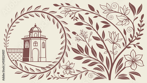 Illustration of a building with a dome surrounded by floral elements and leafy vines in brown color tones