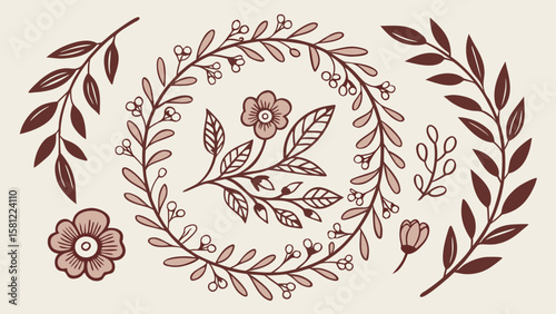 Floral wreath and botanical elements with flowers and leaves in brown and light pink colors design