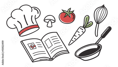 Illustration of a chef's hat, cookbook, vegetables, and cooking utensils on a white background